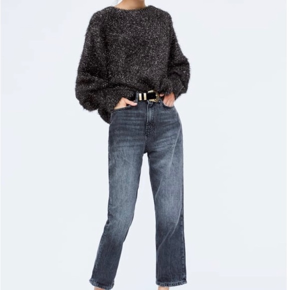 Zara Sweaters - Zara Knit Large Gray Fuzzy Metallic Balloon Sleeve Sweater.